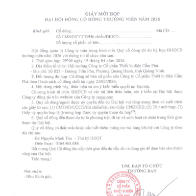 GIẤY MỜI HỌP ĐẠI HỘI ĐỒNG CỔ ĐÔNG THƯỜNG NIÊN NĂM 2026