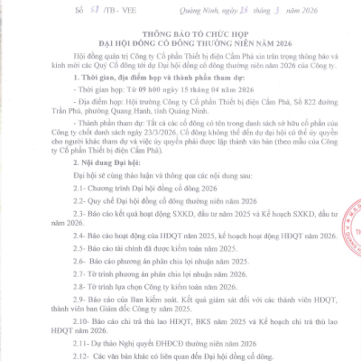 THÔNG BÁO TỔ CHỨC HỌP ĐẠI HỘI ĐỒNG CỔ ĐÔNG THƯỜNG NIÊN NĂM 2026