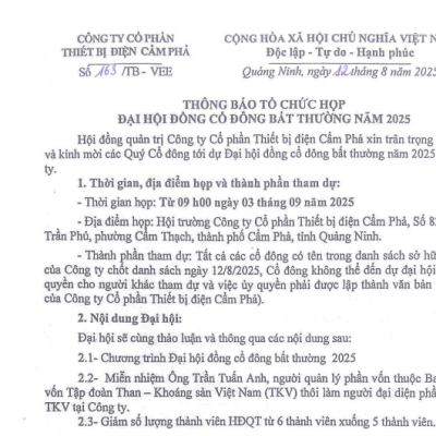 Thông báo tổ chức họp đại hội đồng cổ đông bất thường năm 2025